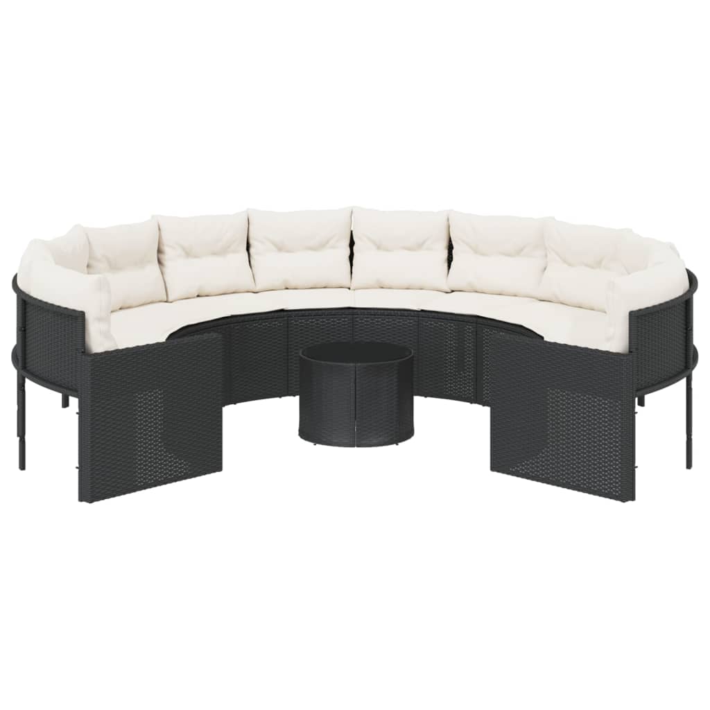 havesofa med bord og hynder rund polyrattan sort