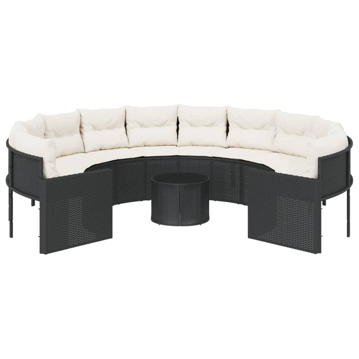 havesofa med bord og hynder rund polyrattan sort