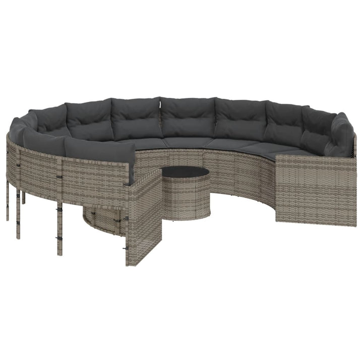 havesofa med bord og hynder rund polyrattan grå