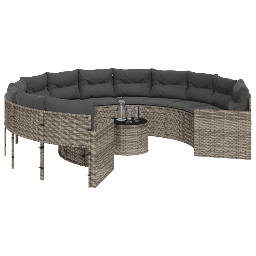 havesofa med bord og hynder rund polyrattan grå