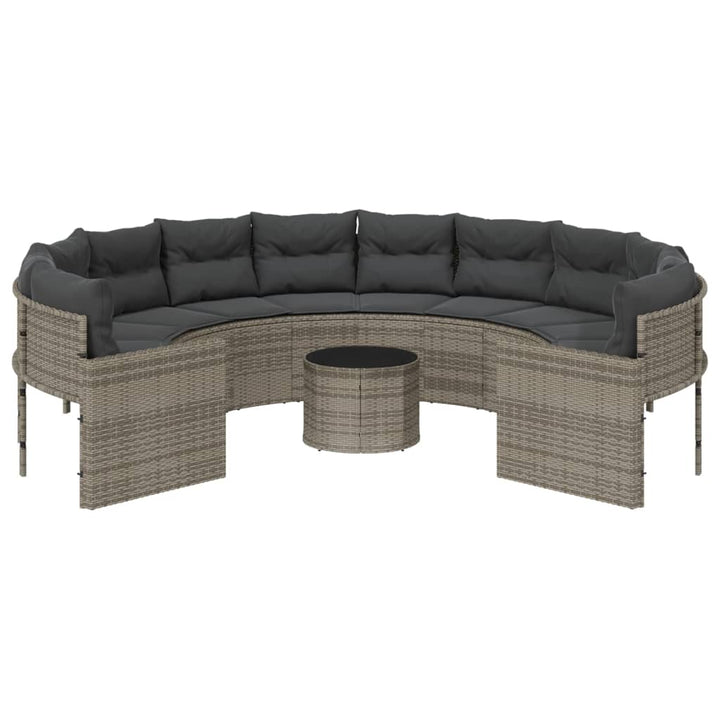 havesofa med bord og hynder rund polyrattan grå