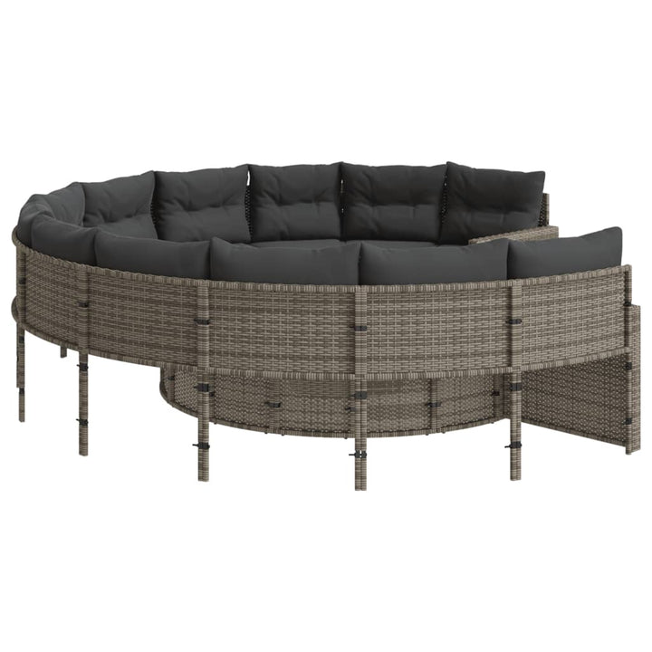 havesofa med bord og hynder rund polyrattan grå