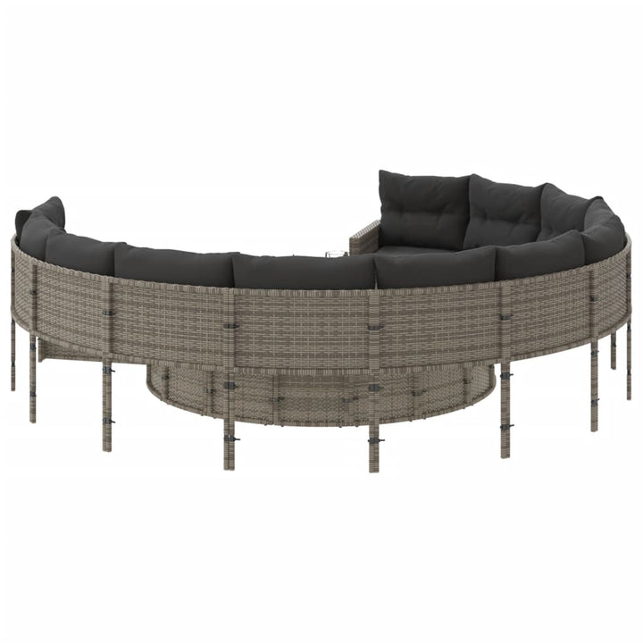 havesofa med bord og hynder rund polyrattan grå