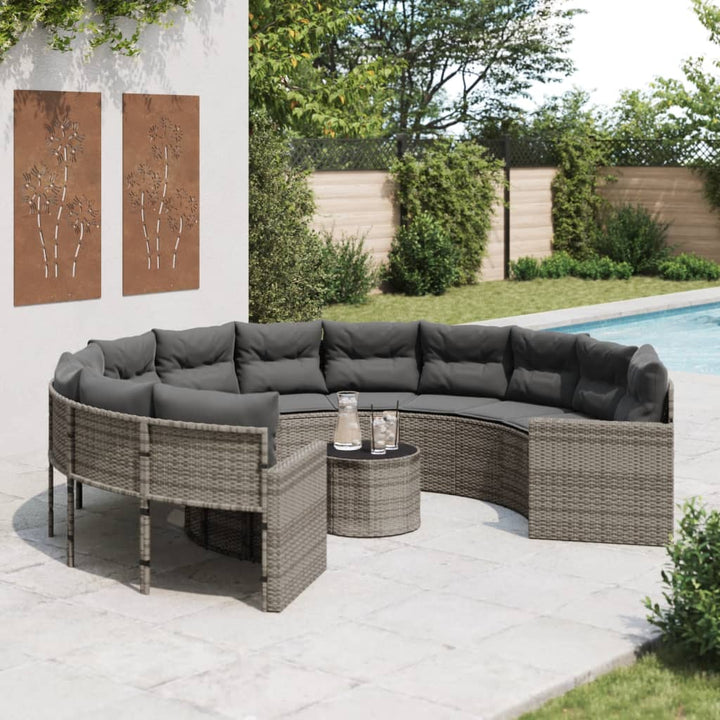 havesofa med bord og hynder rund polyrattan grå