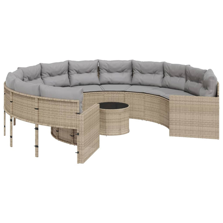 havesofa med bord og hynder rund polyrattan beige
