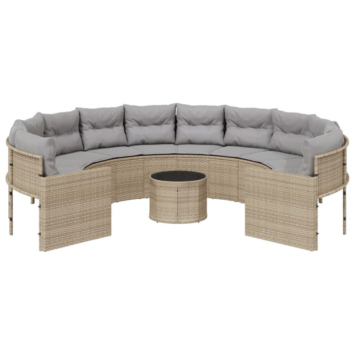 havesofa med bord og hynder rund polyrattan beige