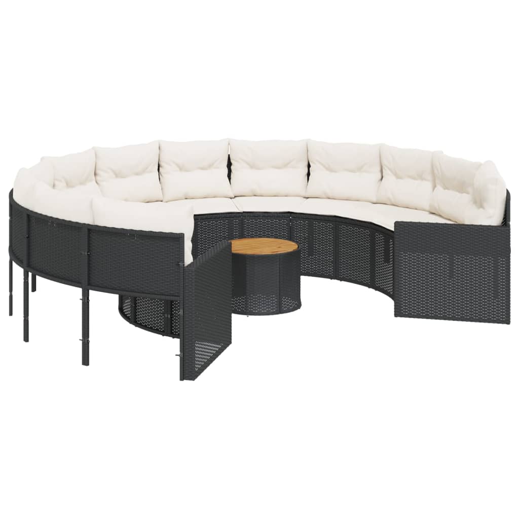 havesofa med bord og hynder rund polyrattan sort
