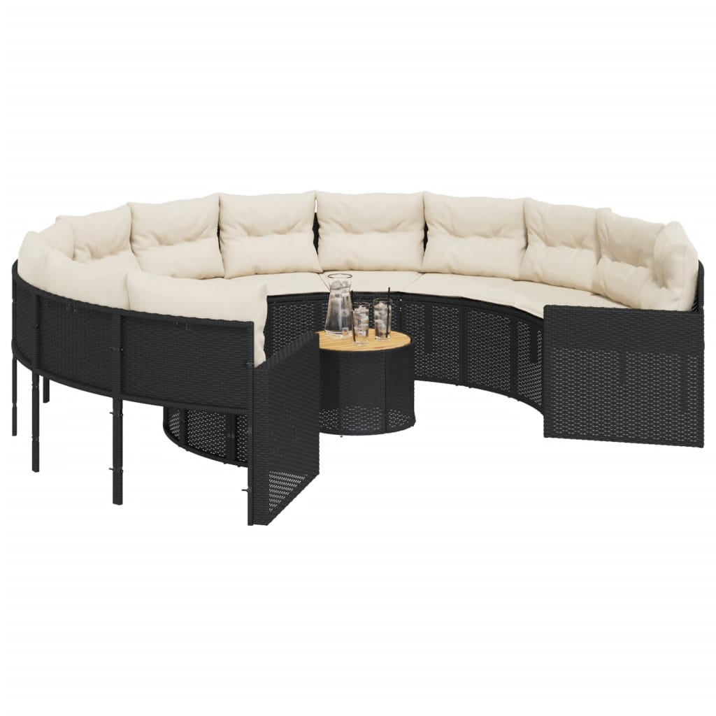 havesofa med bord og hynder rund polyrattan sort