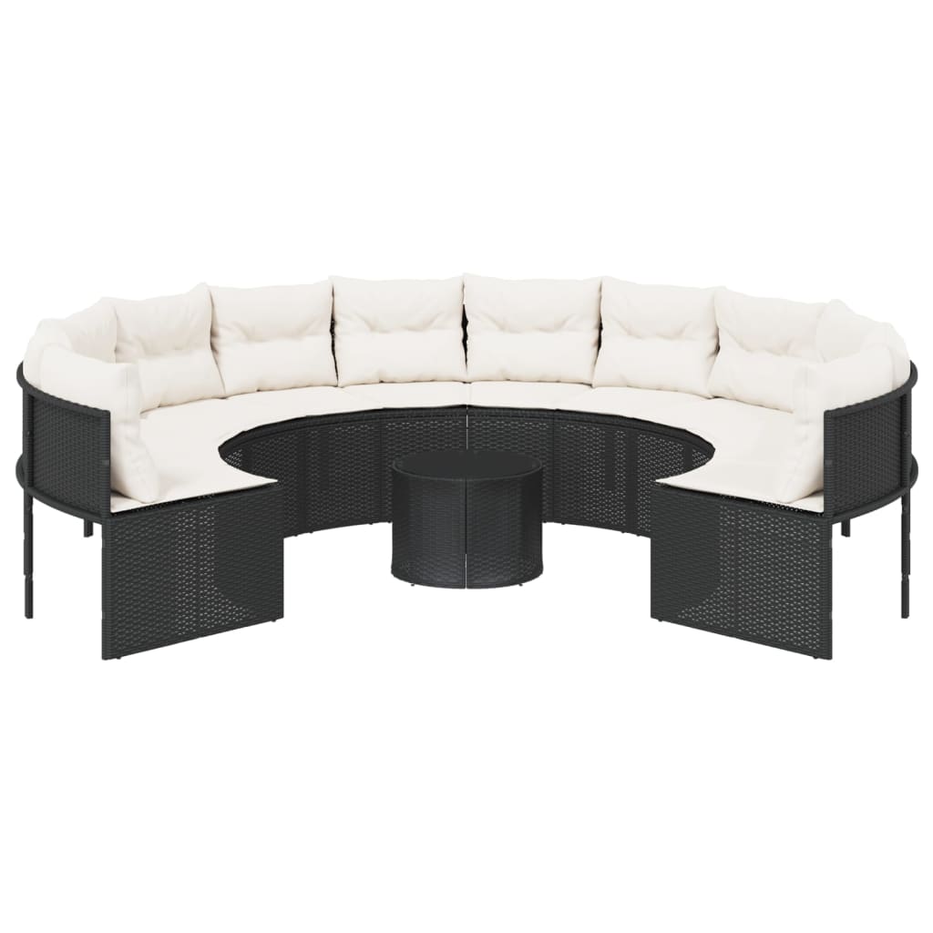 havesofa med bord og hynder rund polyrattan sort