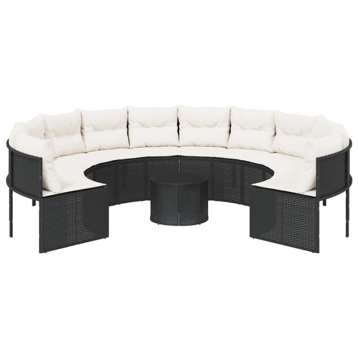 havesofa med bord og hynder rund polyrattan sort
