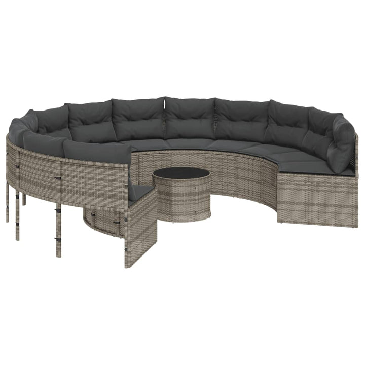 havesofa med bord og hynder rund polyrattan grå