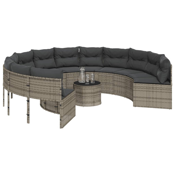 havesofa med bord og hynder rund polyrattan grå