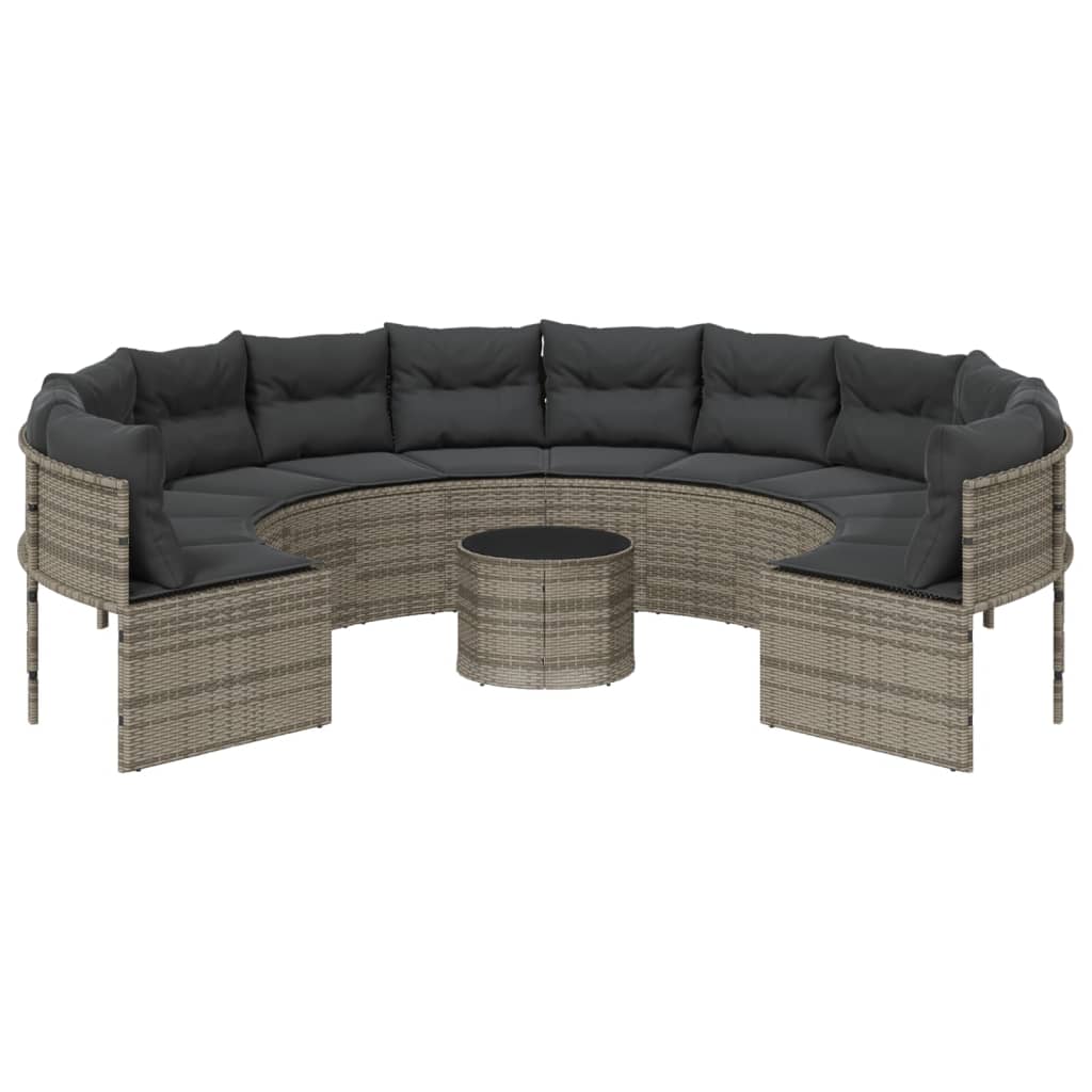 havesofa med bord og hynder rund polyrattan grå