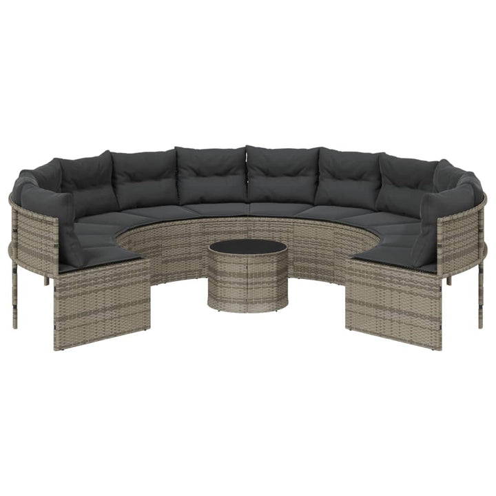 havesofa med bord og hynder rund polyrattan grå