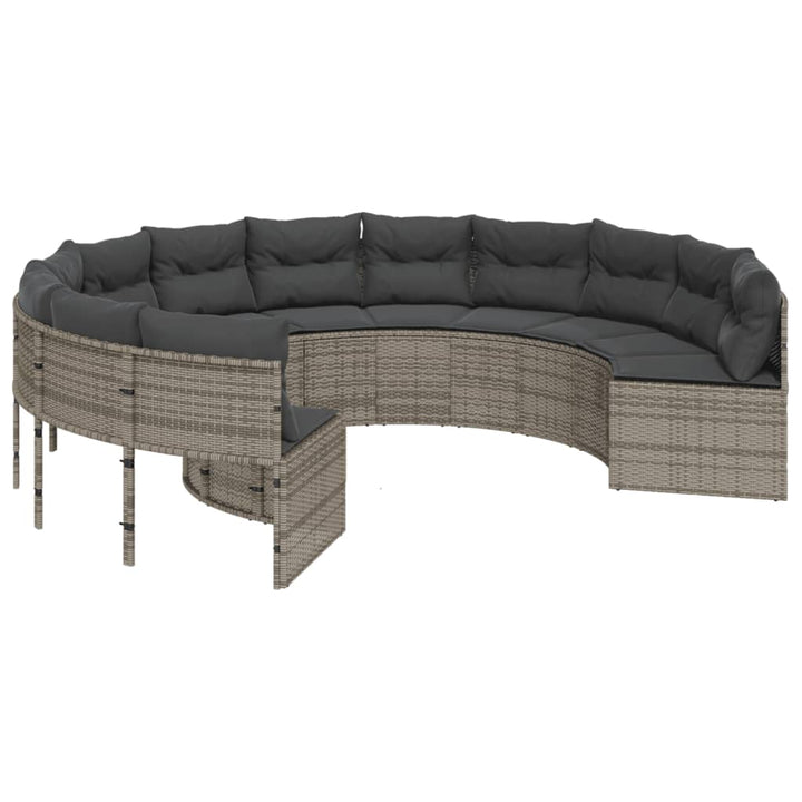havesofa med bord og hynder rund polyrattan grå