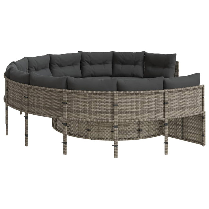 havesofa med bord og hynder rund polyrattan grå