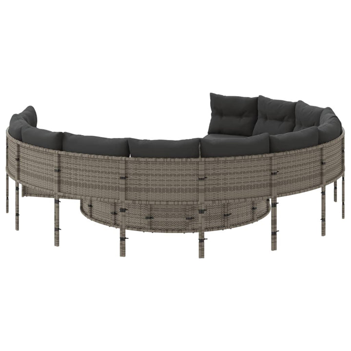 havesofa med bord og hynder rund polyrattan grå