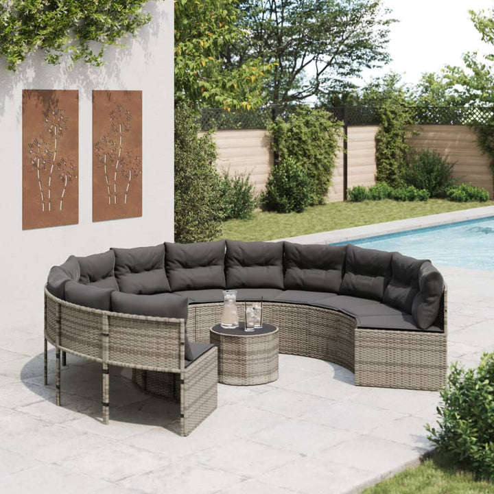 havesofa med bord og hynder rund polyrattan grå