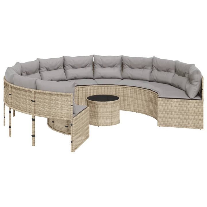 havesofa med bord og hynder rund polyrattan beige