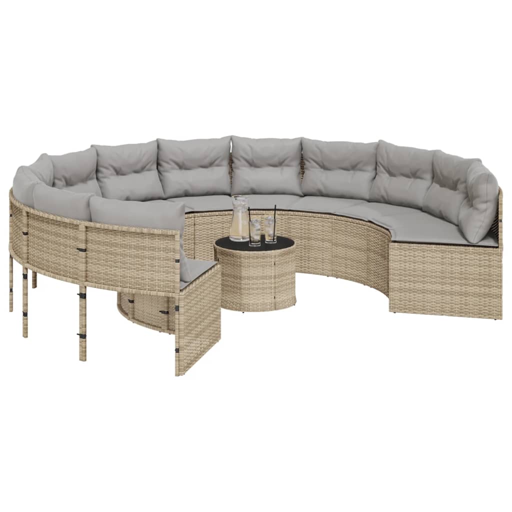 havesofa med bord og hynder rund polyrattan beige
