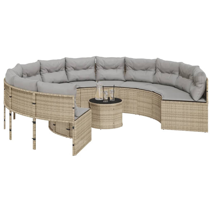 havesofa med bord og hynder rund polyrattan beige