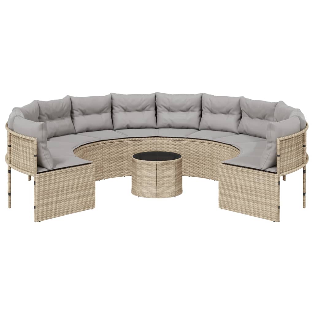 havesofa med bord og hynder rund polyrattan beige