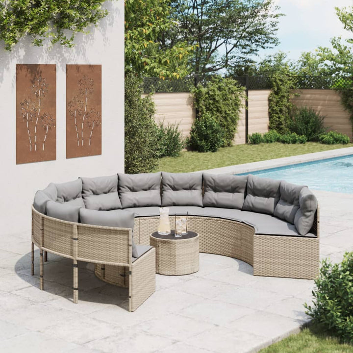 havesofa med bord og hynder rund polyrattan beige