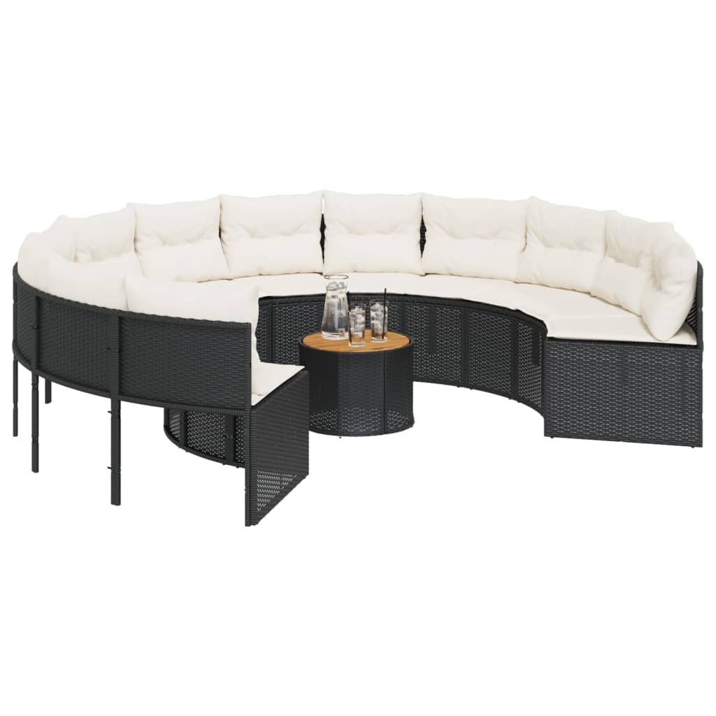 havesofa med bord og hynder rund polyrattan sort