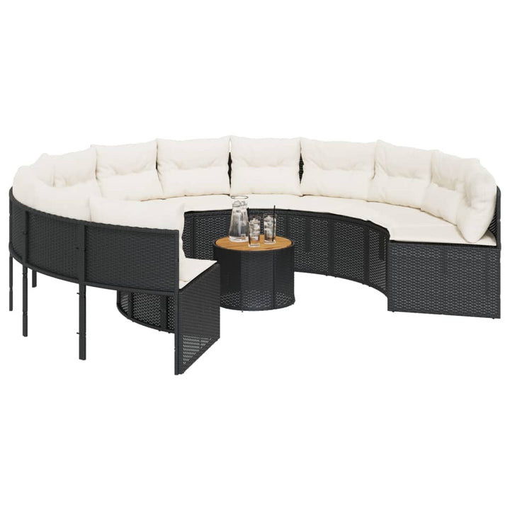 havesofa med bord og hynder rund polyrattan sort