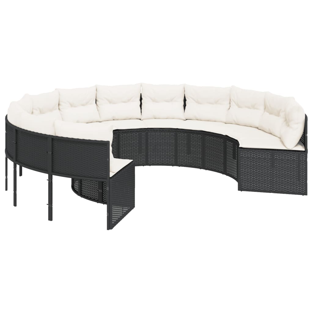 havesofa med bord og hynder rund polyrattan sort
