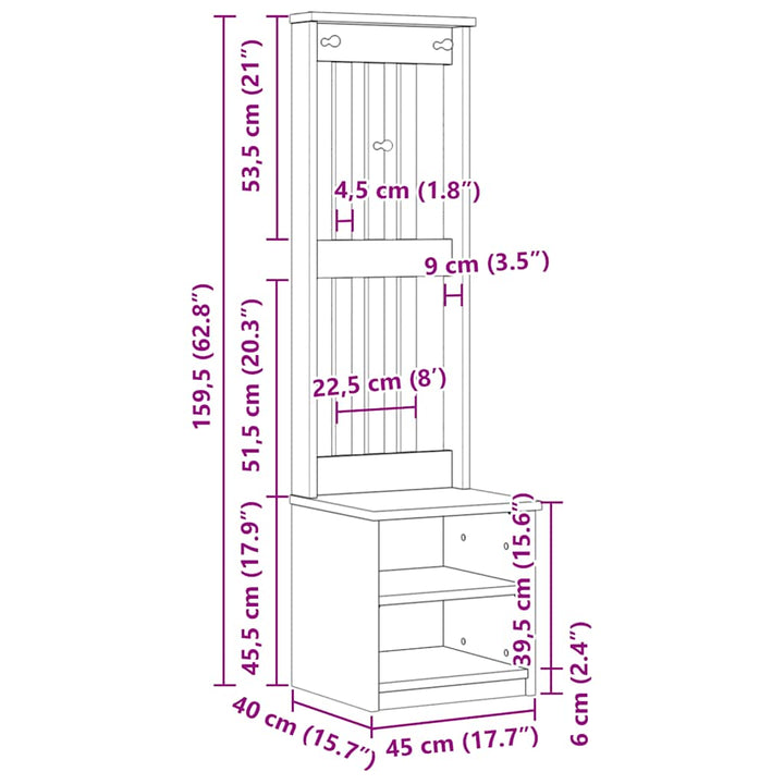 Hall træ SANDNES 45x40x159,5 cm massivt fyrretræ
