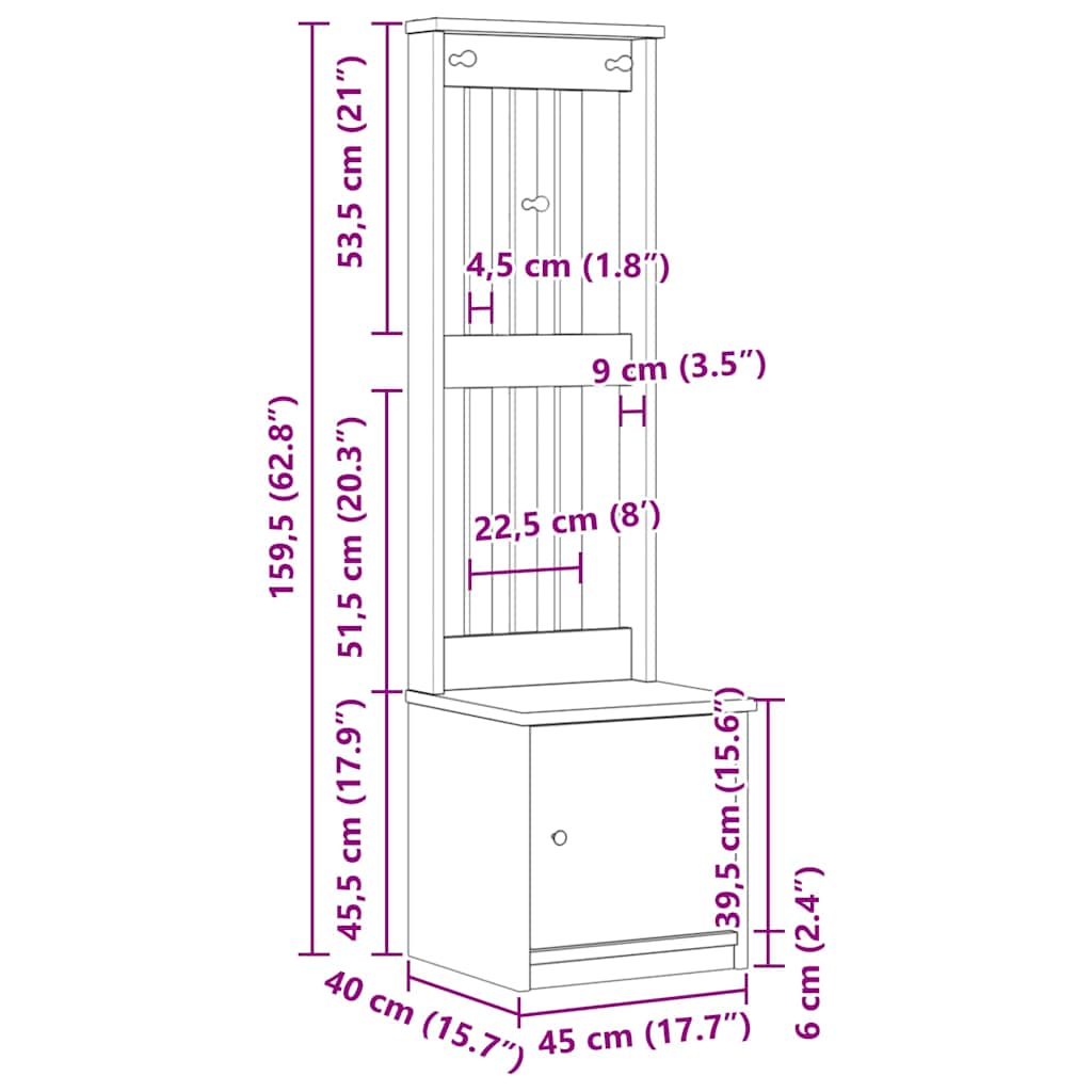 Hall træ SANDNES 45x40x159,5 cm massivt fyrretræ