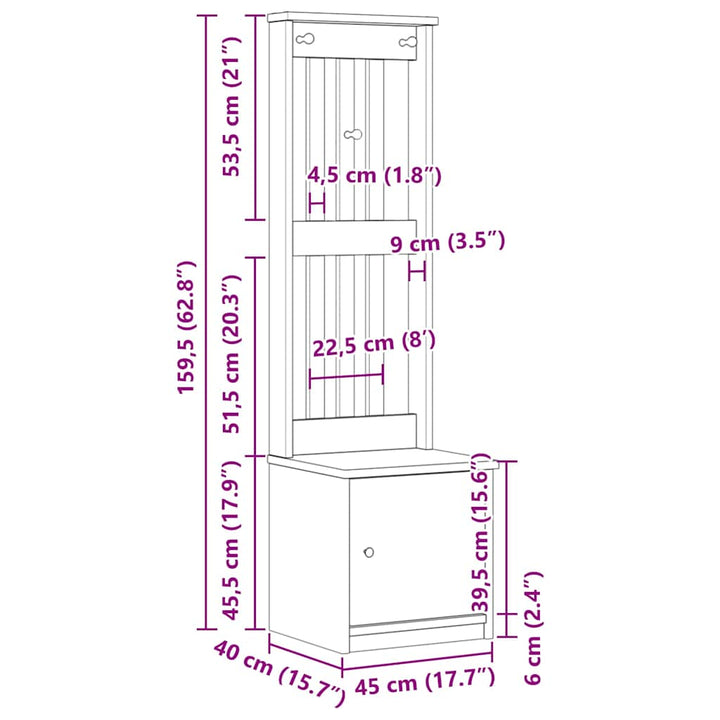 Hall træ SANDNES 45x40x159,5 cm massivt fyrretræ
