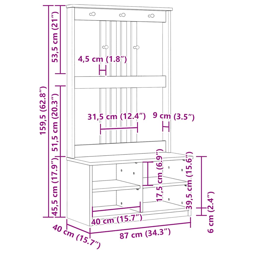 Hall træ SANDNES 87x40x159,5 cm massivt fyrretræ