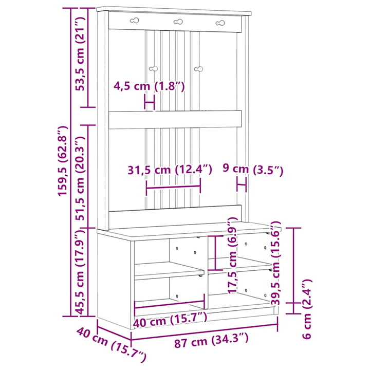 Hall træ SANDNES 87x40x159,5 cm massivt fyrretræ