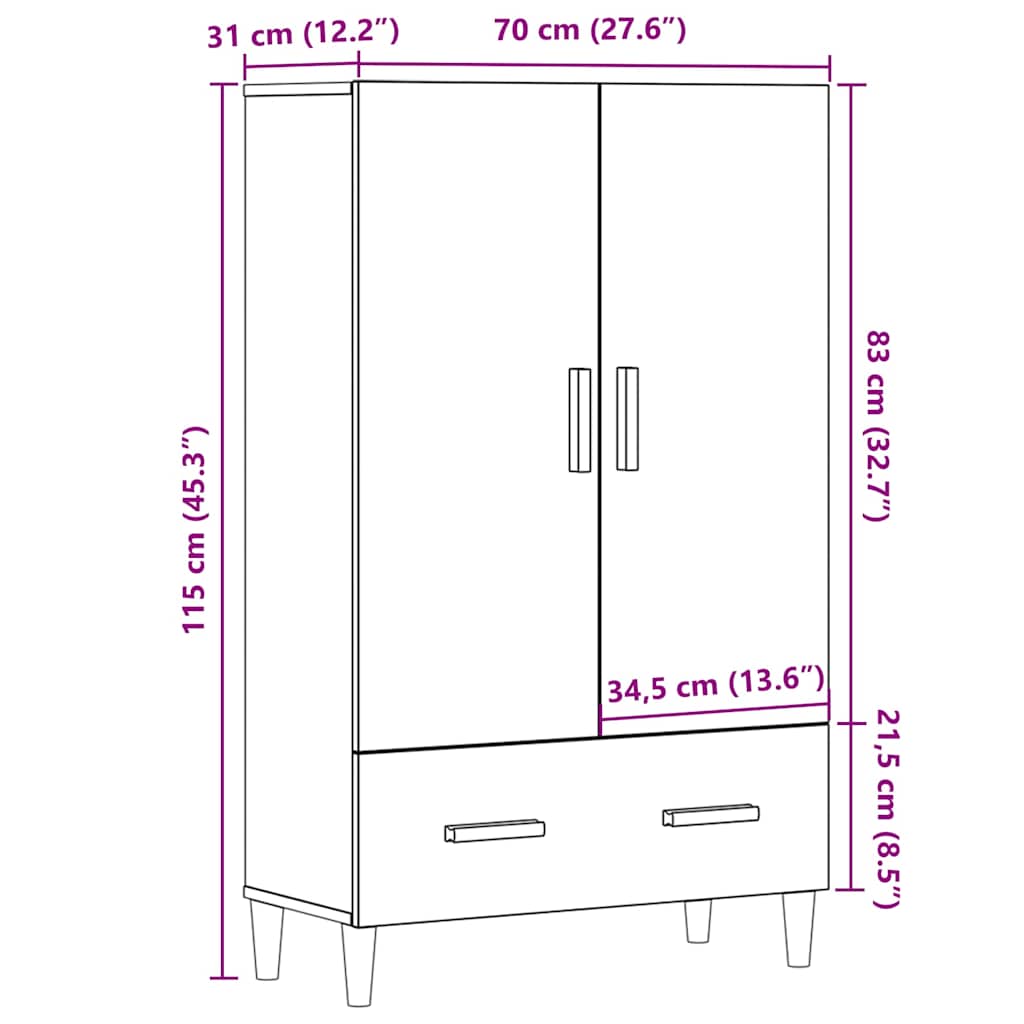 skab 70x31x115 cm konstrueret træ artisan egetræsfarve