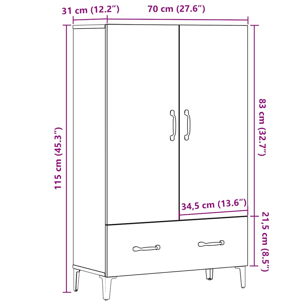 skab 70x31x115 cm konstrueret træ gammelt træ