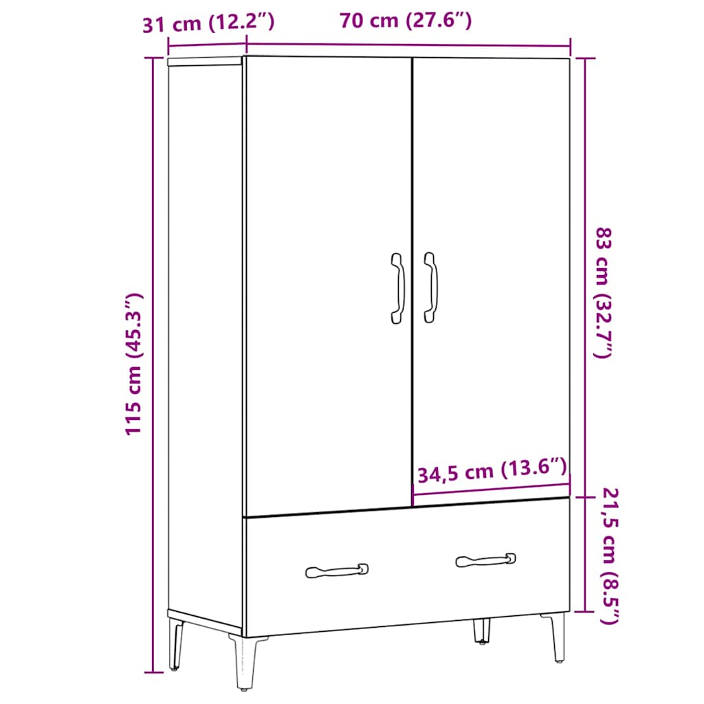 skab 70x31x115 cm konstrueret træ artisan egetræsfarve