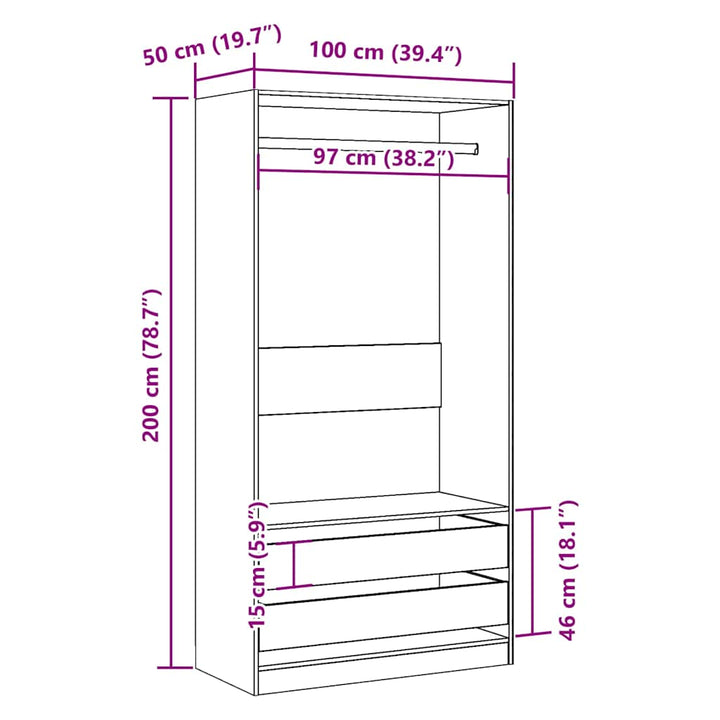 klædeskab 100x50x200 cm konstrueret træ egetræslook