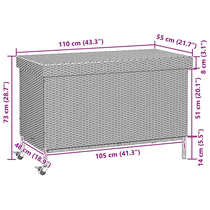 opbevaringsboks med hjul 110x55x73 cm polyrattan lysegrå