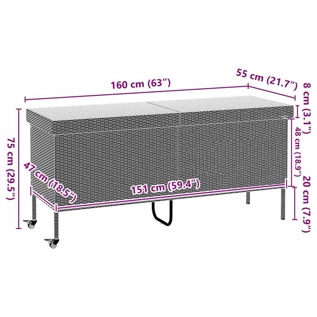 opbevaringsboks med hjul 160x55x75 cm polyrattan sort