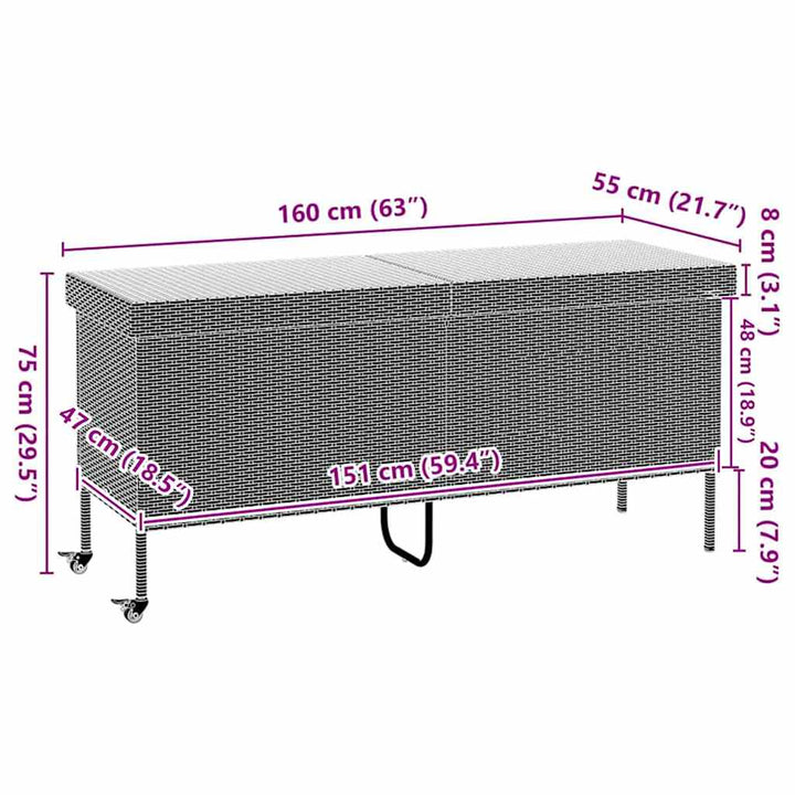 opbevaringsboks med hjul 160x55x75 cm polyrattan sort