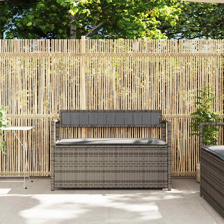opbevaringsbænk til haven med hynde polyrattan grå
