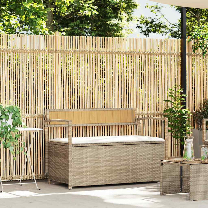 opbevaringsbænk til haven med hynde polyrattan beige