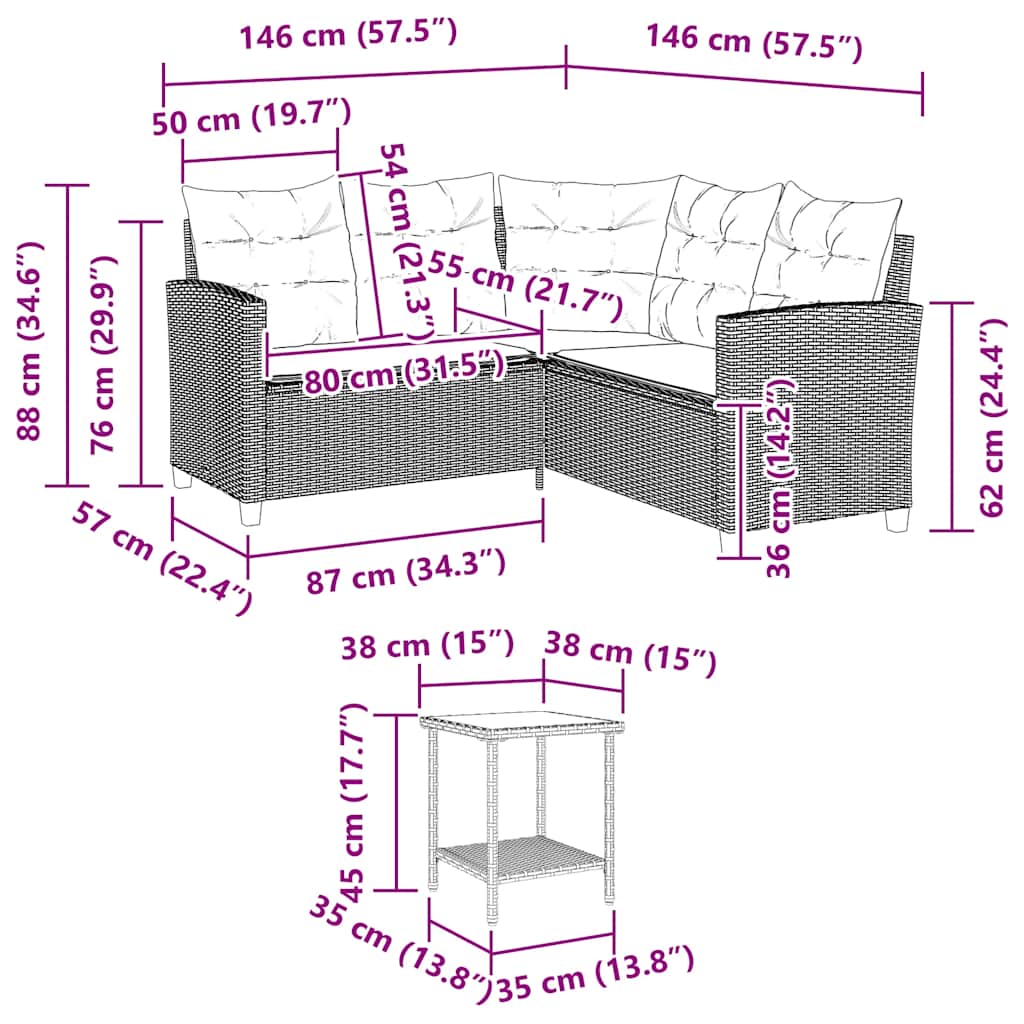 havesofa med bord og hynder L-formet polyrattan sort