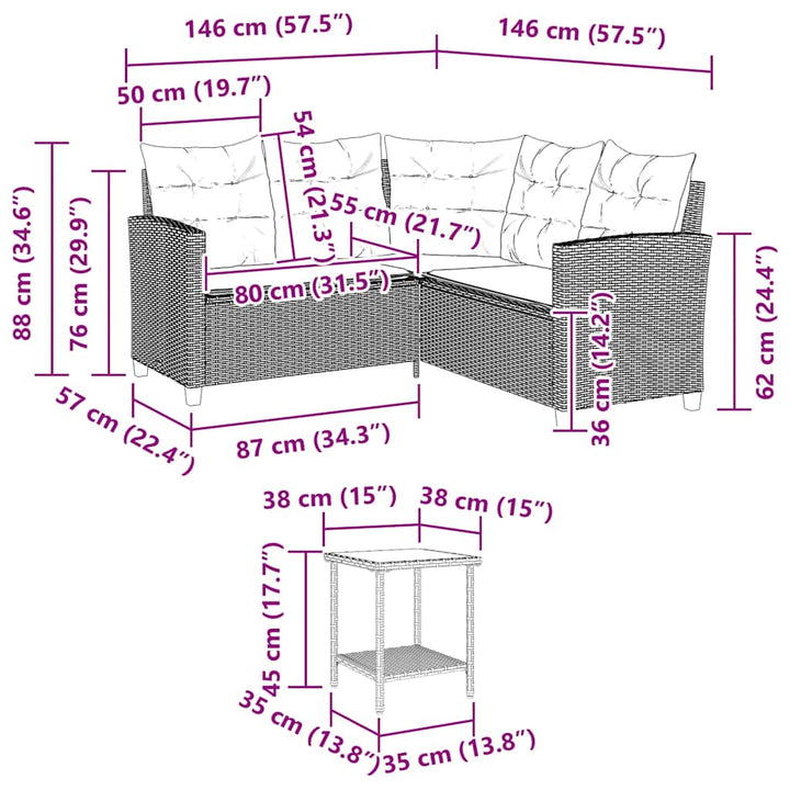 havesofa med bord og hynder L-formet polyrattan sort