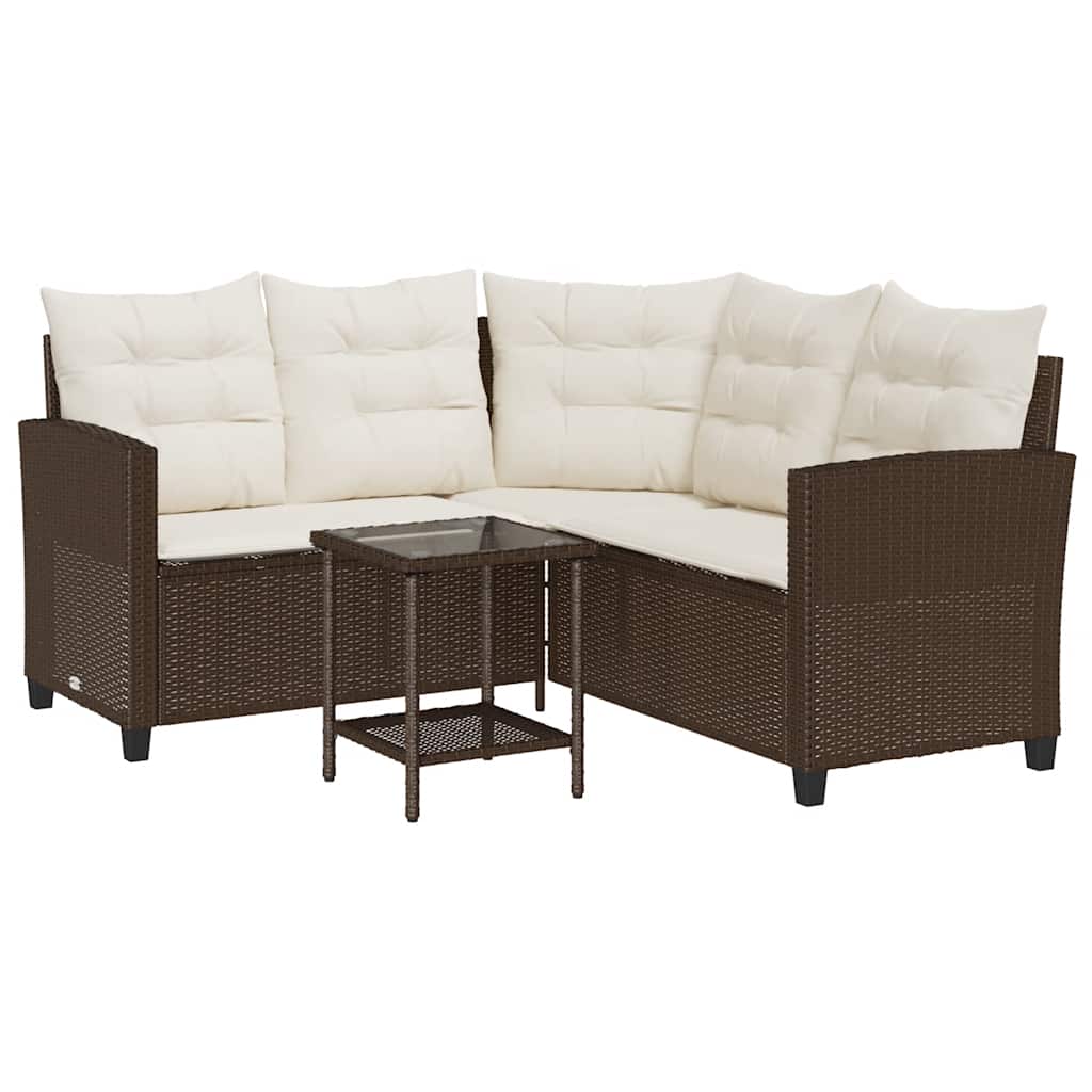 havesofa med bord og hynder L-formet polyrattan brun