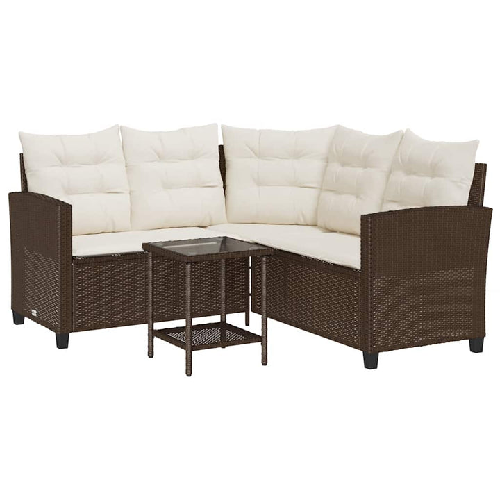 havesofa med bord og hynder L-formet polyrattan brun