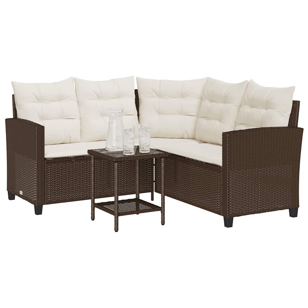 havesofa med bord og hynder L-formet polyrattan brun