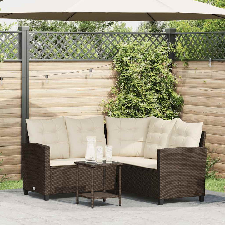 havesofa med bord og hynder L-formet polyrattan brun